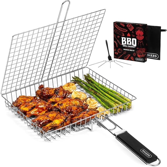 Grill Basket Value Set, Barbecue BBQ Grilling Basket , Stainless Steel Large Folding Grilling baskets With Handle, Portable Outdoor Camping BBQ Rack for Fish, Shrimp, Vegetables, Barbeque Griller