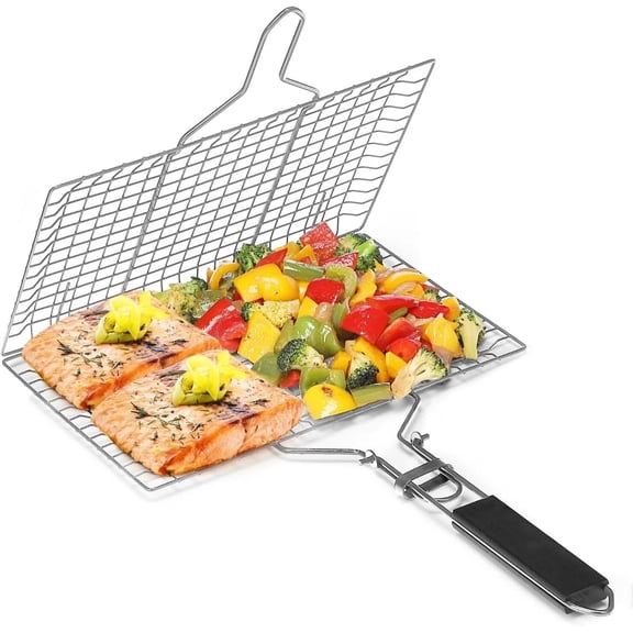 Grill Baskets for Outdoor Grill, Stainless Steel Large Folding Grilling Baskets with Detachable Handle, Portable Fish Grill Basket BBQ Grill Basket Grilling Accessories for Fish Shrimp Vegetables