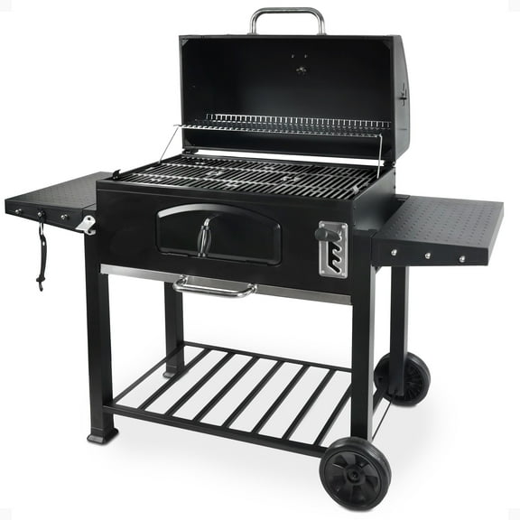 Grill Boss 32 Inch Charcoal BBQ Grill with Side Shelves, Built-In Thermometer, Black