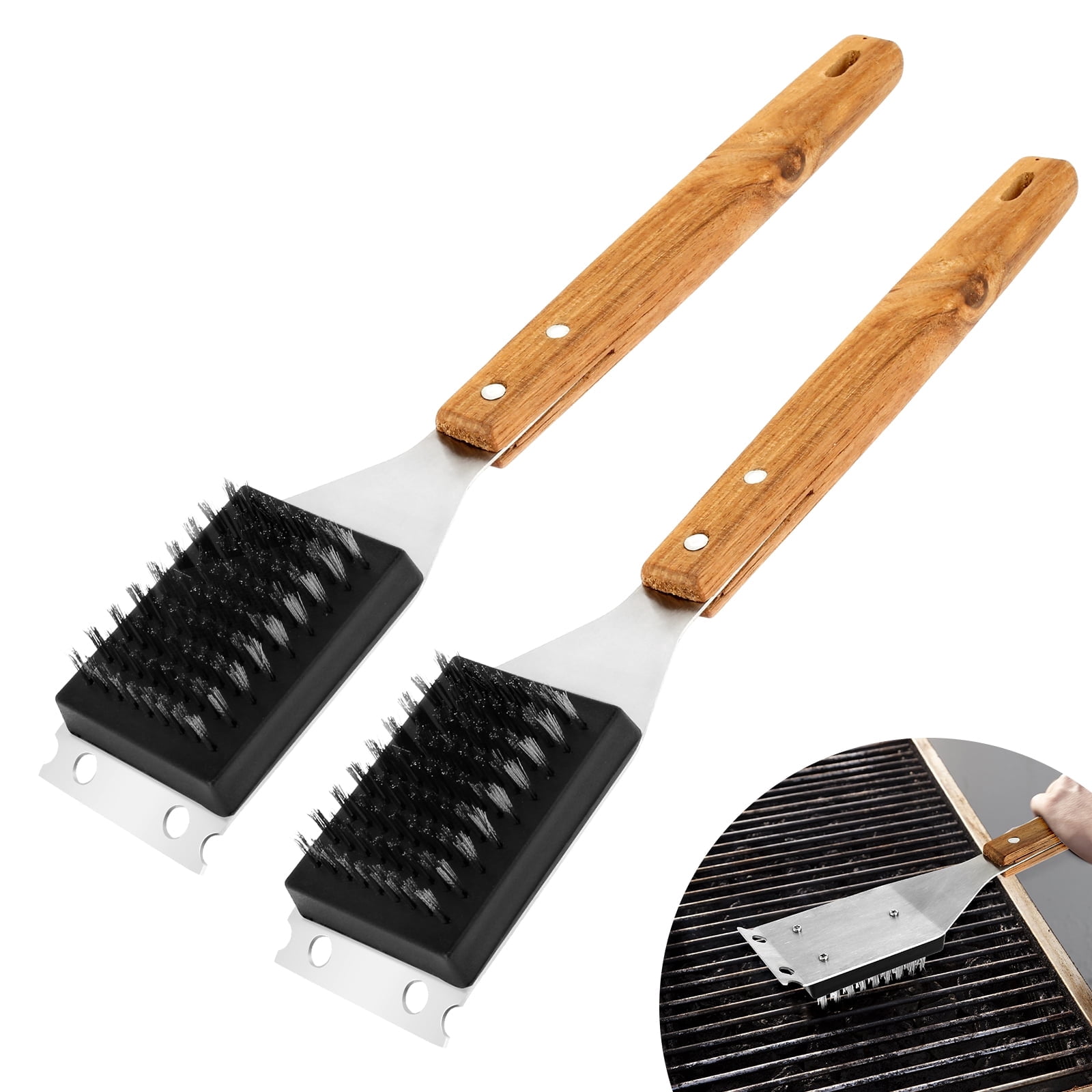 Grill Brush And Scraper 2 Pcs 15 Inch Stainless Steel Bristles Wood Handle BBQ Cleaner (asshown )
