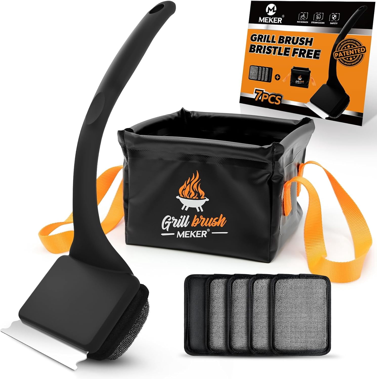 Grill Brush Bristle Free with Collapsible Bucket, 7 Pcs Grill Cleaner Brush with Durable Foldable Water Tank for Grill Cleaning, Portable Outdoor Grill Bucket, Dunk Tank, Black