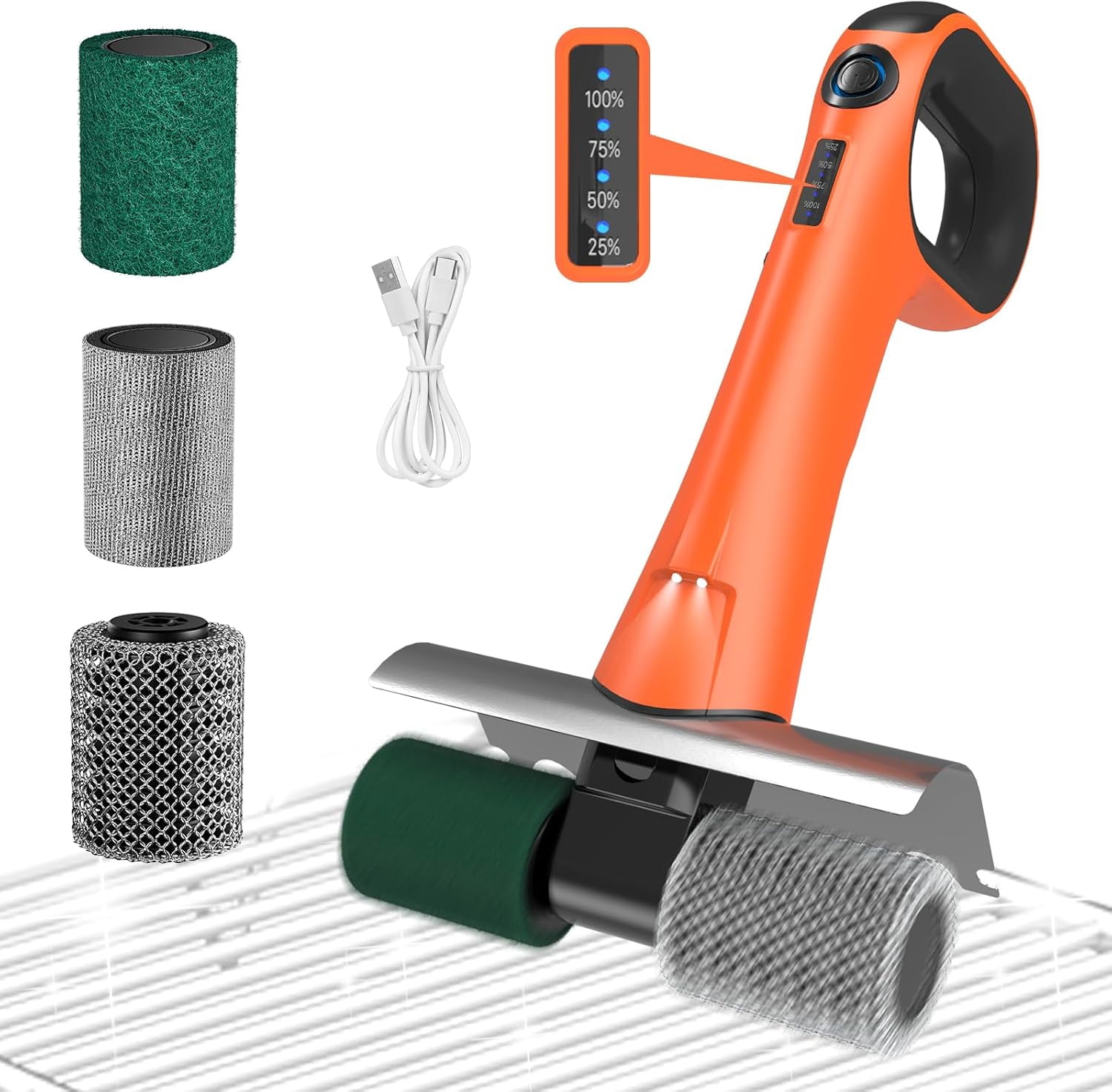 Grill Brush for Outdoor，Cordless Rechargeable Grill Brush with 3 Brush Heads, Grill Electric Cleaning Brushes Without Bristles, LED Light, Grill Scraper, Grilling Gifts for Men,Orange