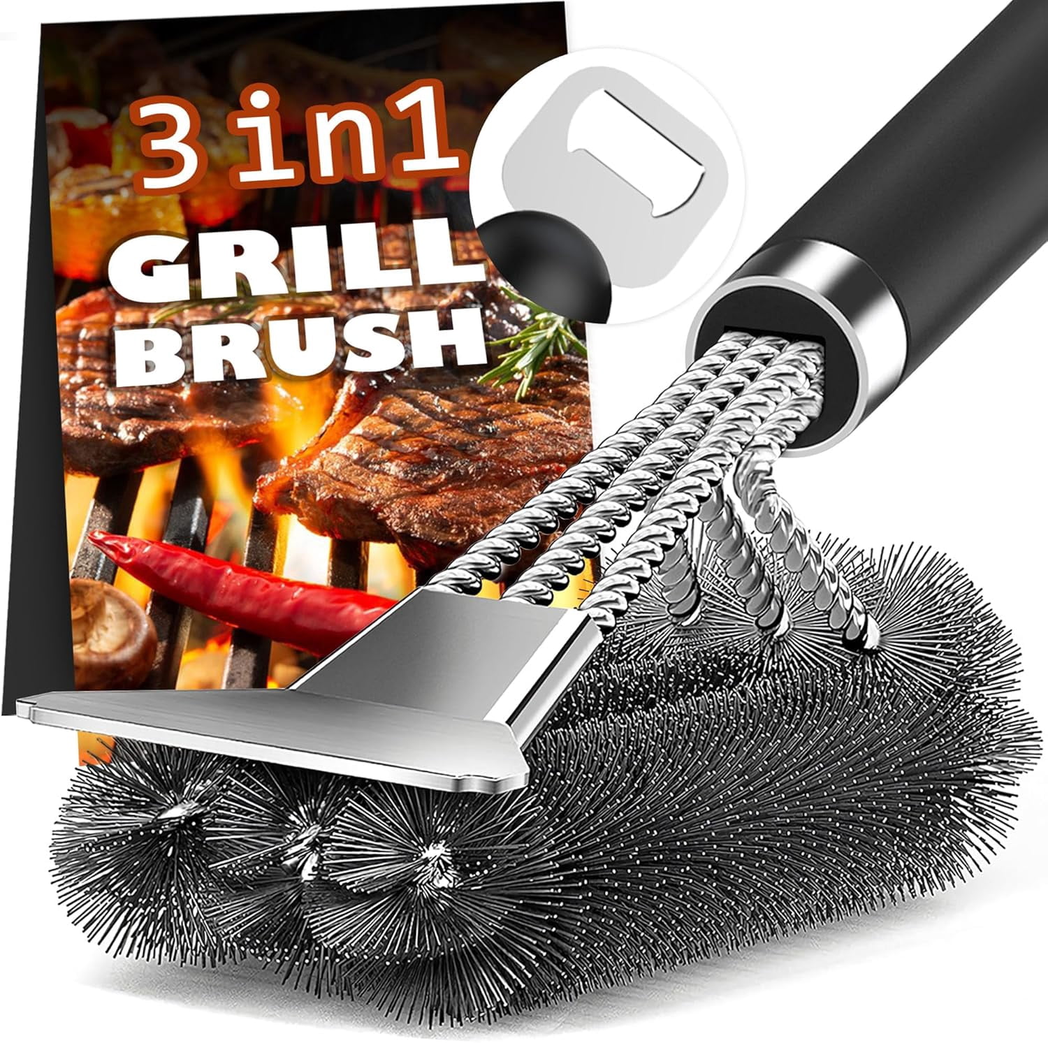 Grill Brush and Scraper 18 Inch Adjustable Handle BBQ Cleaning Brush with Bottle Opener Extra Strong Grill Cleaner for Gas and Charcoal Grill Grates Outdoor Grill Accessories