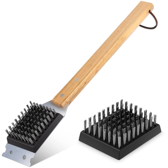 Grill Brush and Scraper for BBQ, Durable & Effective, Replaceable Stainless Steel Head, Wooden Handle Wire Grill Brush for Outdoor Grill, Barbecue Accessories
