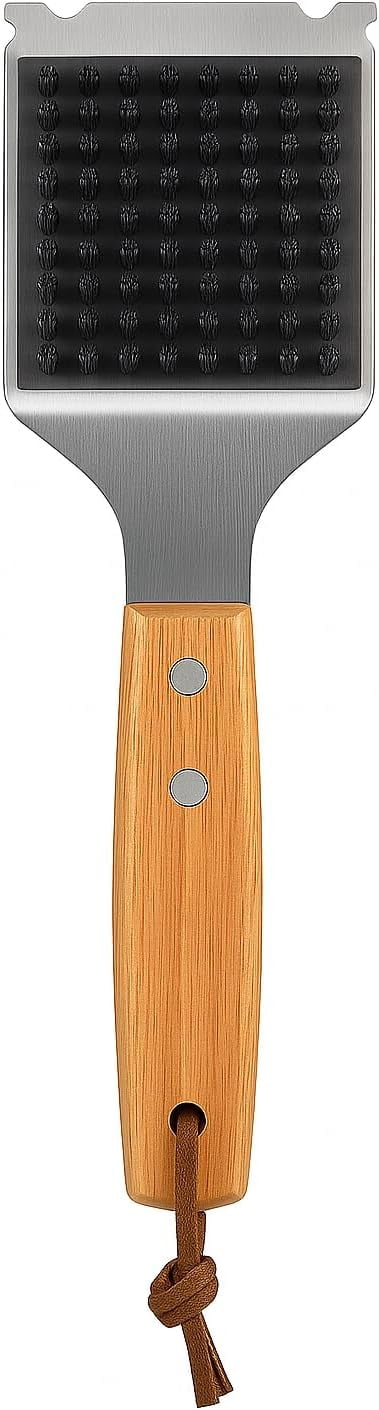 Grill Brush and Scraper – Heavy Duty BBQ Cleaner with Stainless Steel Bristles, Solid Wooden Handle & Leather Strap Barbecue Cleaning Tool for Gas, Charcoal, Smoker Grates