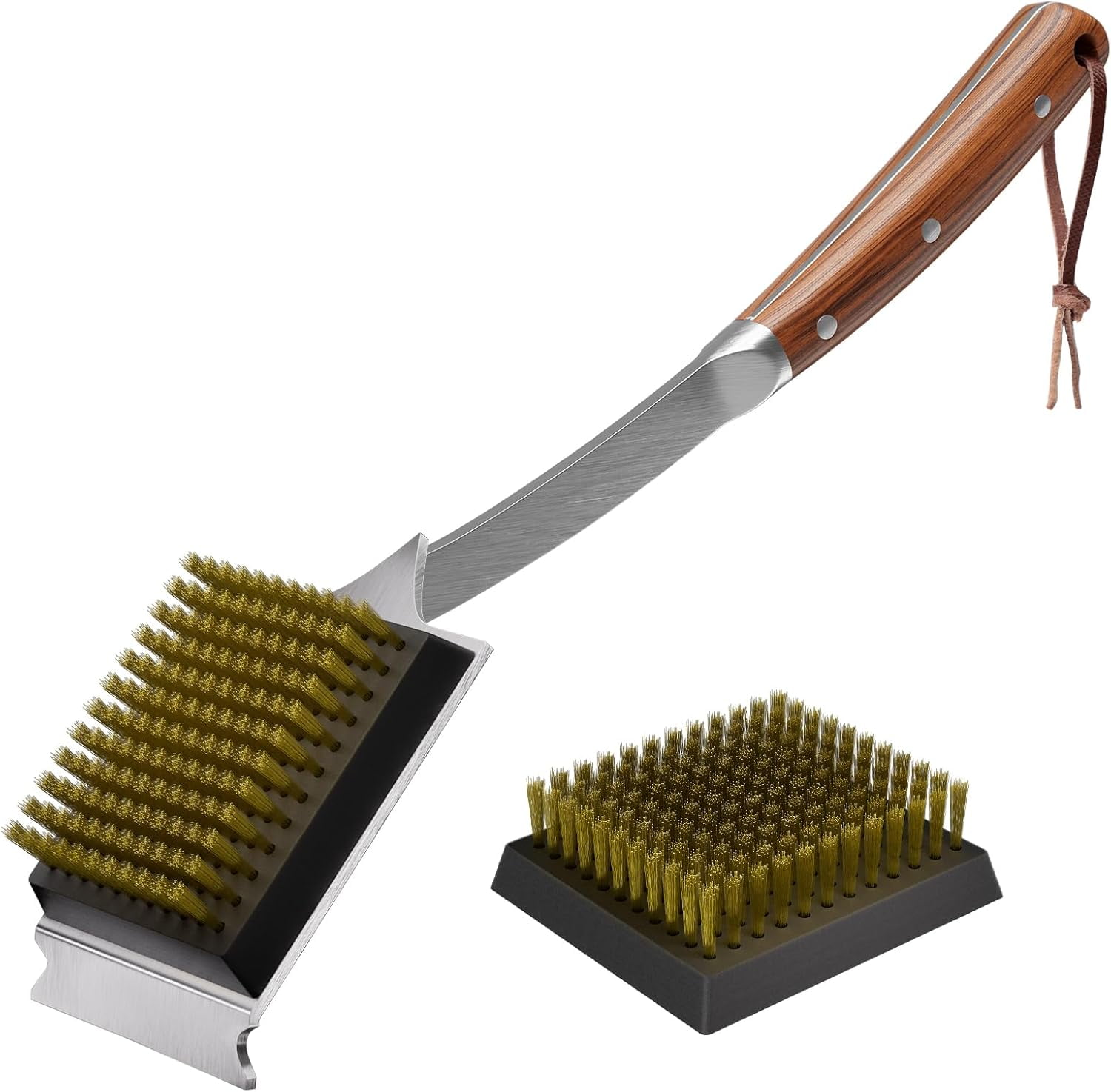 Grill Brush and Scraper for Barbecue, 17" Outdoor Grill, Extended Rosewood Handle 2 Replaceable Copper Wire Heads, Cleaning Accessories Most