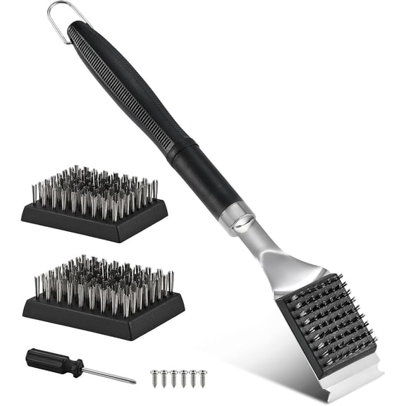 Grill Brush and Scraper for Barbecue  Outdoor with Extended, Large Handle 2 Replaceable Stainless Steel Bristles Head No Scratch- BBQ Any