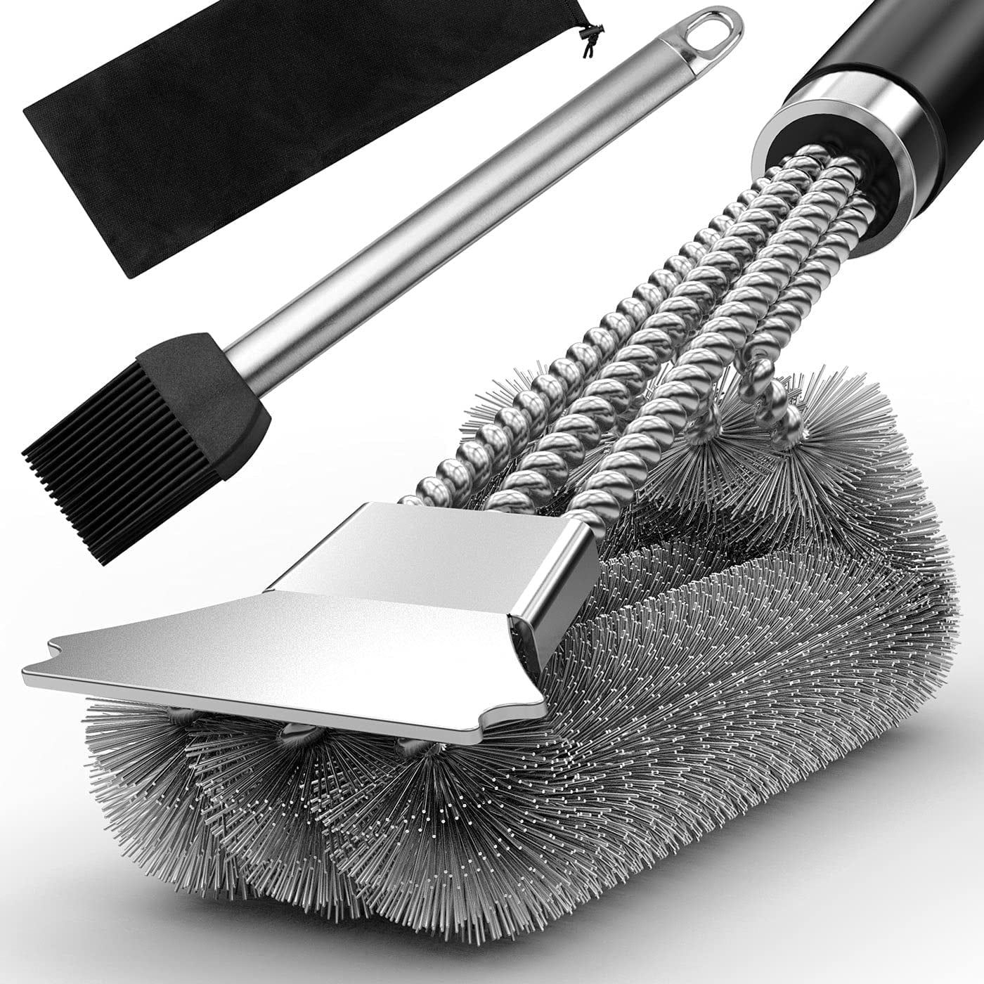 Grill Brush with Extra Strong Long Handle- Safe Wire BBQ Cleaning Brush and  Grill Basting Brush Set 