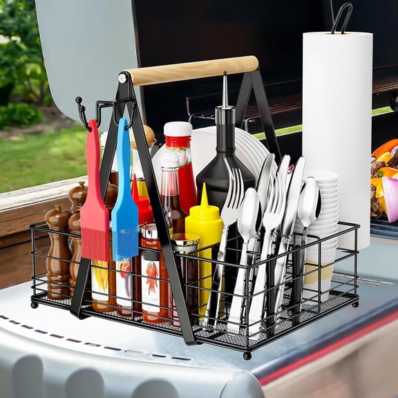 Grill Caddy, BBQ Caddy for Outdoor Grill with Paper Towel Holder, Picnic Utensil Caddy for Outdoor Kitchen, RV, Patio, Tailgate, Camping, Grilling Gifts, Barbecue Tool Sets