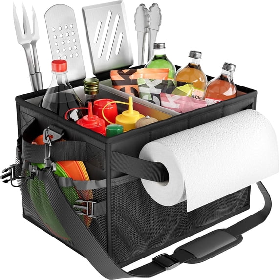 Picnic BBQ Grill Caddy with Paper Towel Holder, Outdoor Camping Griddle Organizer & Portable Barbecue Utensil Storage for Patio, Backyard, and Cookouts