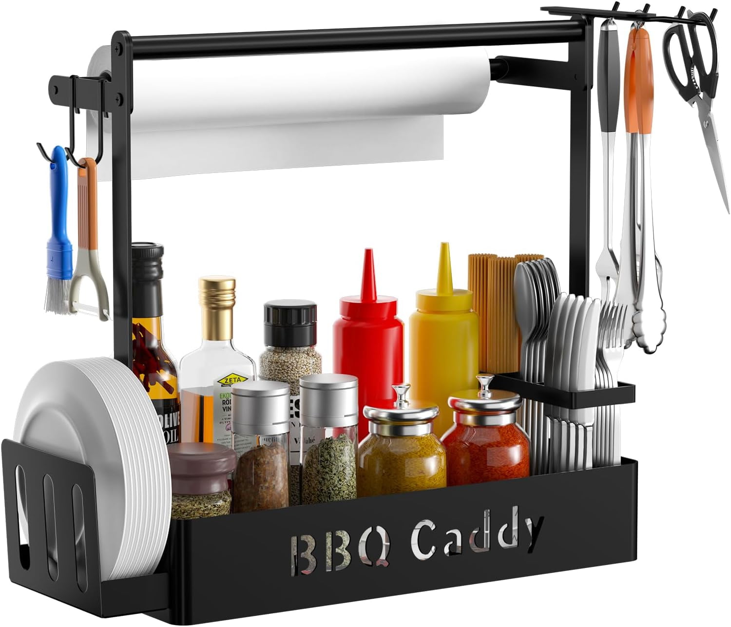Black Metal BBQ Caddy with Paper Towel Holder and Hooks
