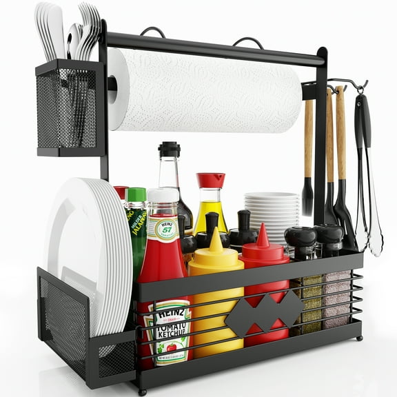 Aofmee Grill Caddy, BBQ Caddy with Camping Paper Towel Holder and Plate Holder | Family Outdoor Picnic, Camping, Easy Assembly Black