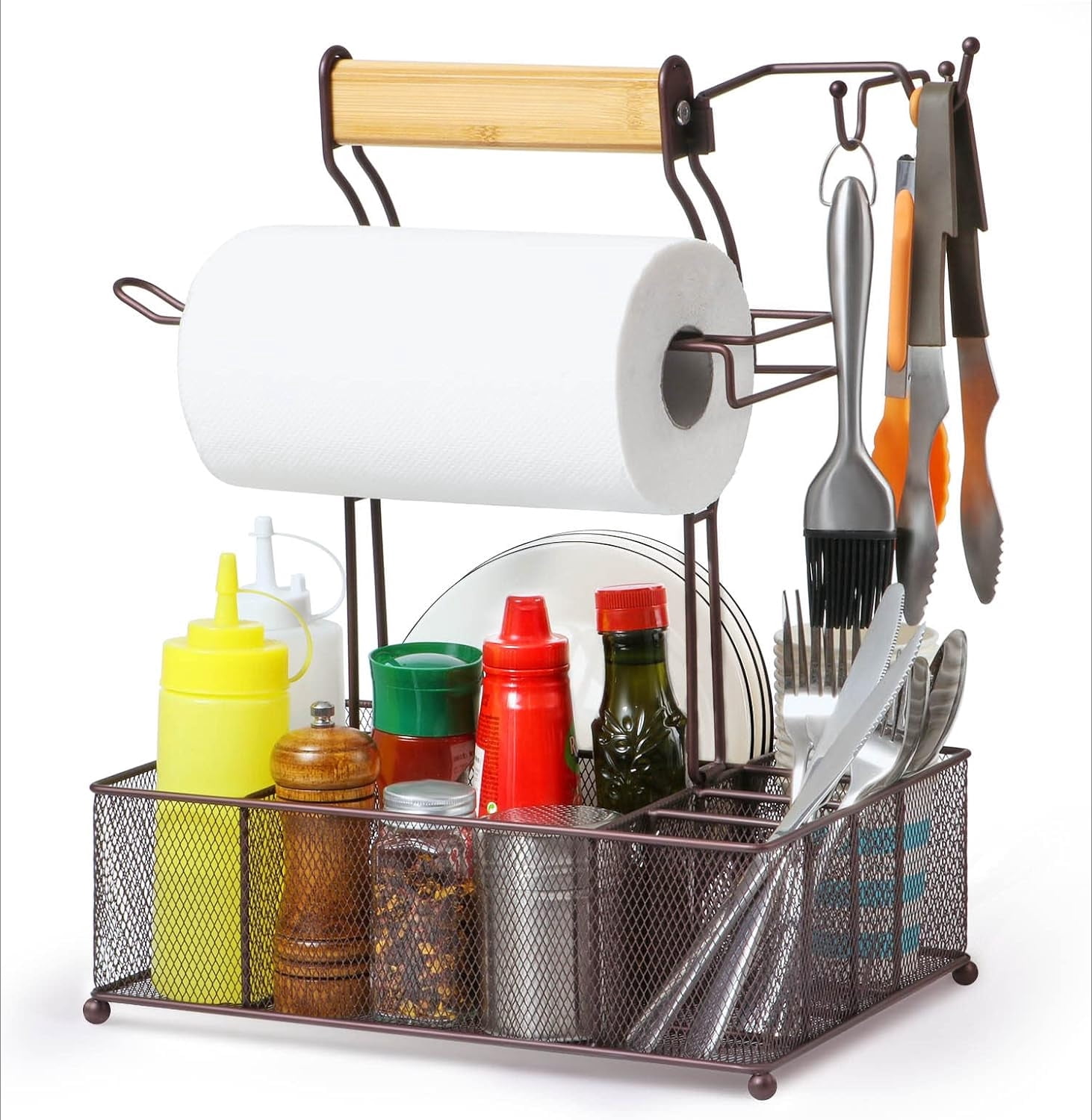 Grill Caddy Organizer Da Campeggio In Acciaio Inox – Porta Piatti E Utensili Con Porta Rotolo, 4 Ganci