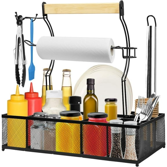 Grill Caddy for Camping Outdoor BBQ Organizer with 2 Paper Towel Holders, Picnic Condiment Utensil Caddy with 8 Compartments Storage Tool Gift for RV Camper/Tailgate Essentials/Flatware Must
