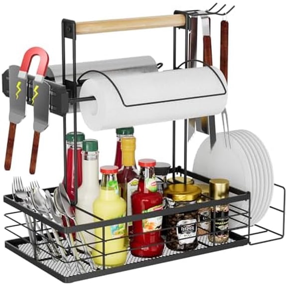 Grill Caddy with Magnetic Tool & Paper Towel Holders, Picnic Utensil Condiment Caddy, Barbecue Grill Tool Organizer for Outdoor Camping, Cooking, Camper$$Garden & Patio