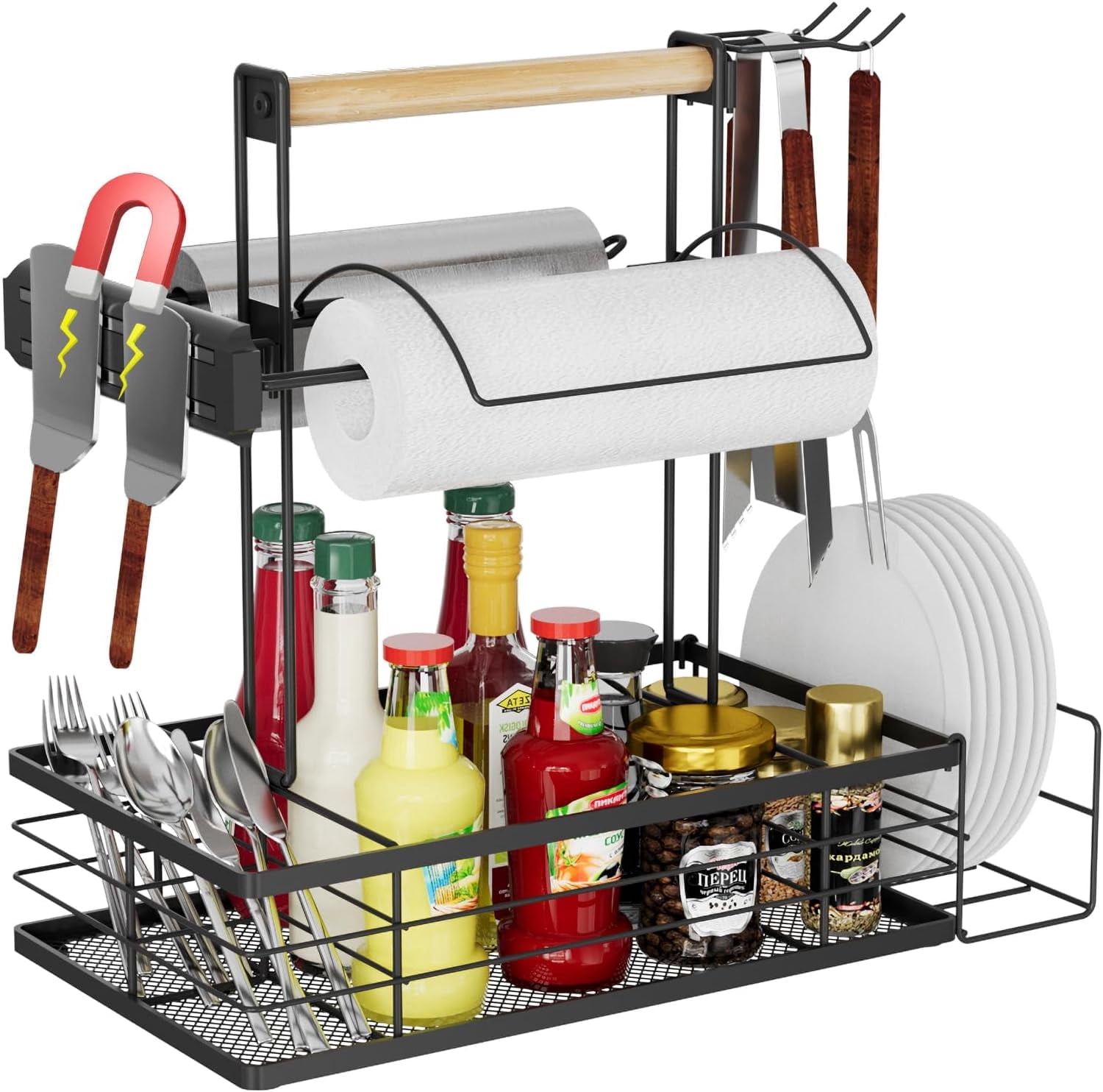 NEYCIL Grill Caddy with Magnetic Tool & Paper Towel Holders, Barbecue Grill Tool Organizer for Outdoor Camping, Cooking, Camper