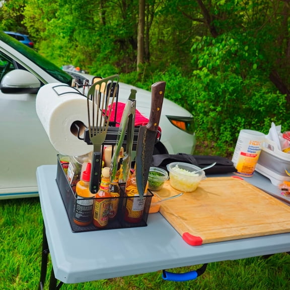 Grill Caddy for Outdoor Grill, BBQ Picnic Camping Caddy with Paper Towel Holder & Magnetic Tool Holder, Condiment Storage Utensil Kitchen Organizer for RV Camper, Tailgate Accessories