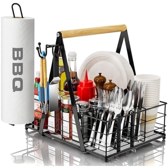 Grill Caddy with Paper Towel Holder, Picnic BBQ Condiment Utensil Organizer Caddy for Camping, Rv, Camping Accessories, Camping Essential, Camper Must Haves, Barbecue Tool Sets