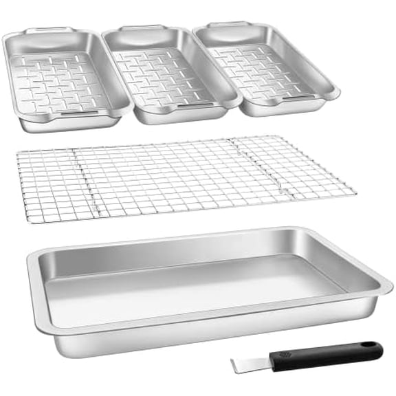 Grill Carry System, 6-Piece Stainless Steel Large Food Prep Tray, 16.5" x 11" Pan, Outdoor Grill with Cooling Rack for Vegetables, Fish, Meat, Great Grilling Gifts for Men