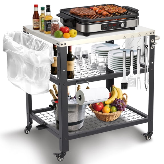Grill Cart Outdoor BBQ Prep Station with Storage, Large Size 3-Shelf Portable Stand Table on Wheels for Pizza Oven, Griddle, Grill