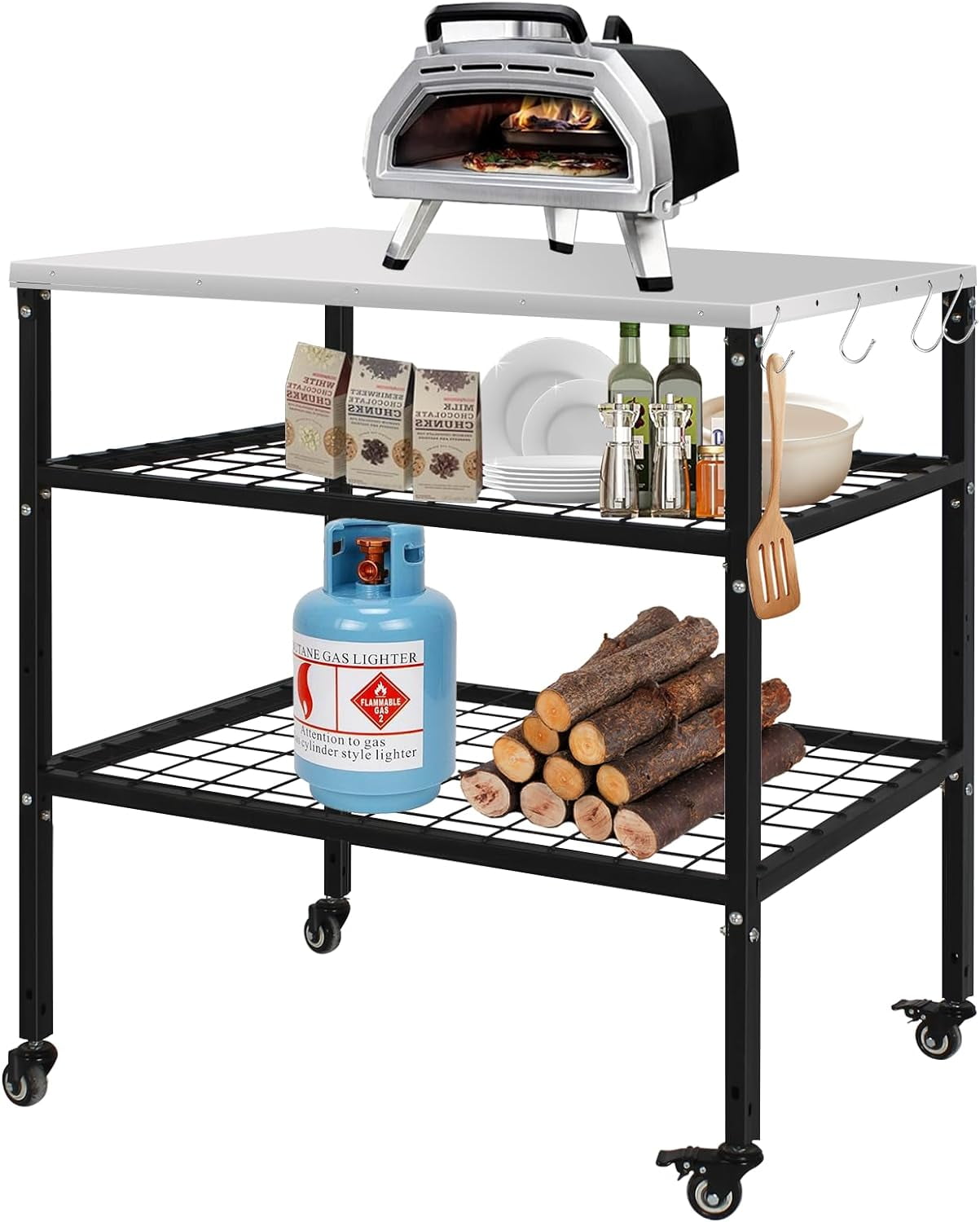 Grill Cart Outdoor Pizza Oven Stand Dining Cart Table with Wheels Hooks ...