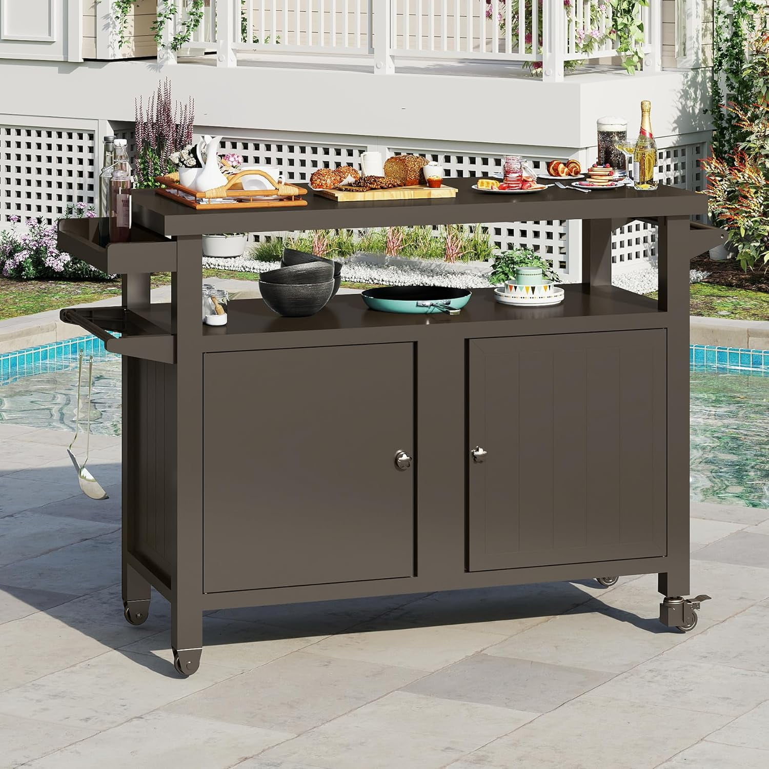 Grill Cart Outdoor with Storage Cabinet, Portable Rolling Patio