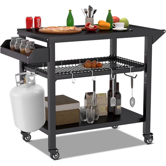 Grill Cart, Pizza Oven Stand Table with Wheels, Outdoor Movable Kitchen Cooking Prep Table BBQ Cart with Mesh Racks for Home Party, Bar, Camping