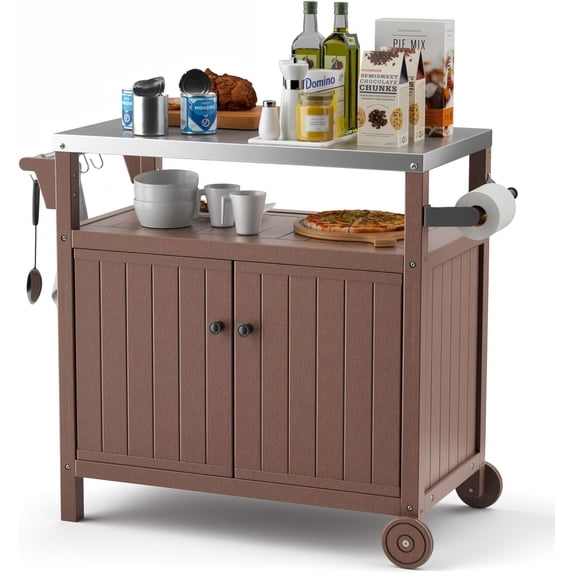 Grill Cart, Rolling Outdoor Grill Table Kitchen Island with Storage Cabinet and Hooks, Portable Dining Cart Table with Stainless Steel Top and Wheels for Garden, Lawn, Backyard, Patio, Gray