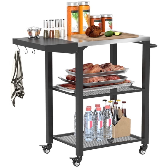 Grill Cart with Stainless Steel Top, 3-Shelf Outdoor Pizza Oven Stand with Foldable Side Table, Tool Hooks and Swivel Casters, Silver BBQ Prep Station for Patio, 31.5 x 16.1 x 31.1 in