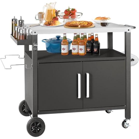 Grill Cart Table with Big Storage Cabinet, Movable Outdoor Dining Cart Pizza Oven Stand, Kitchen Cart Island Multifunction Food Prep Table Stainless Steel Surface