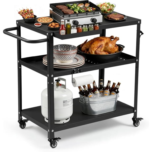 Grill Cart Table Indoor & Outdoor with 4 Lockable Casters, Hooks & Side Handle, Multifunctional Pizza Oven Stand for Patio Kitchen