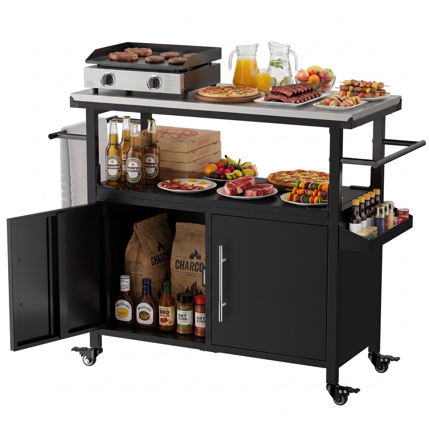 Grill Cart with Stainless Steel Top, Double Door Cabinet, Towel Rack, Trash Bag Holder, Lockable Wheels