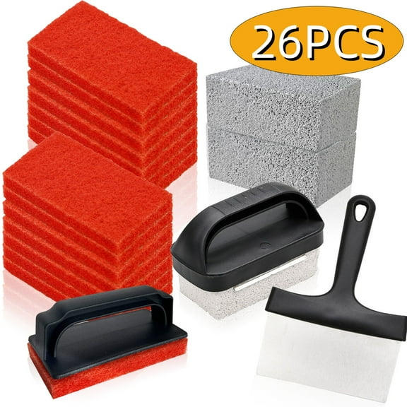 Grill Cleaner Grill Accessories Griddle Cleaning Kit BBQ Tools with 3 Grilling Stone, 1 Griddle Scraper, 20 Griddle Brush Pads Easy to Remove Stain 26PCS
