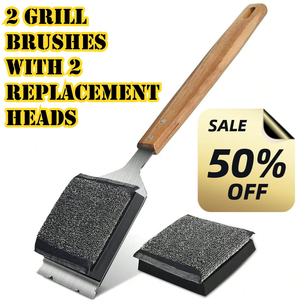 Grill Cleaning Brush with 1 Replacement Head, Heavy-Duty Brass Bristle BBQ Cleaner, Bristle-Free Safe Design, Stainless Steel Scraper & Wooden Handle, Dual-Use for Handheld or Handle Cleaning, Safe f