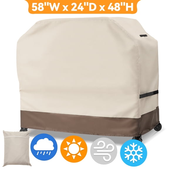 Grill Cover, 58 inch BBQ Gas Grill Cover with Adjustable Straps for Outdoor, Waterproof, Anti-UV, Heavy Duty Grill Barbecue Cover with Storage Bag for Weber Char-Broil Monument, Beige