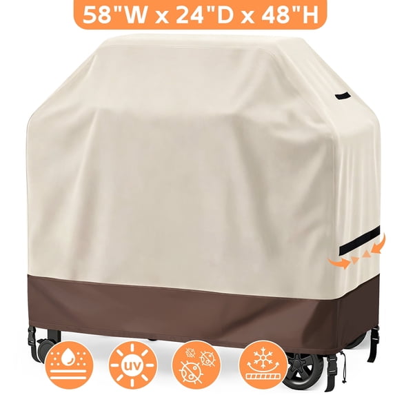 YEERSWAG Gas Grill Cover 58"x24"x48", Waterproof BBQ Grill Cover for 3-5 Burner Grills, 420D Oxford Fabric with Windproof Straps & Buckles, Fits Weber Spirit Char-Broil Nexgrill Brinkmann, Beige