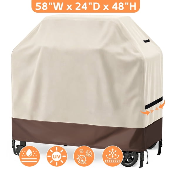 YEERSWAG Gas Grill Cover 58"x24"x48", Waterproof BBQ Grill Cover for 3-5 Burner Grills, 420D Oxford Fabric with Windproof Straps & Buckles, Fits Weber Spirit Char-Broil Nexgrill Brinkmann, Beige