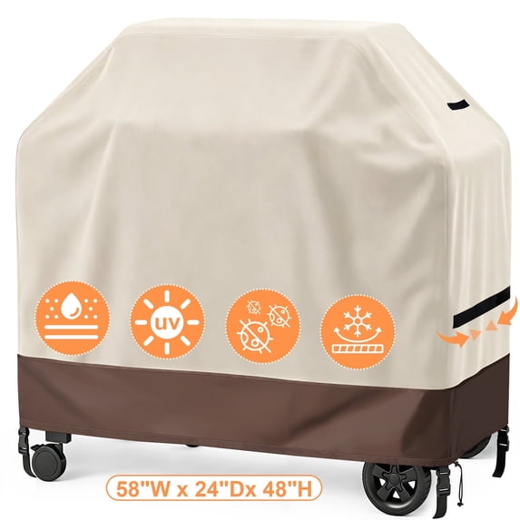YEERSWAG Gas Grill Cover 58", Waterproof BBQ Cover with Windproof Straps & Drawstring, 420D Oxford Fabric Universal BBQ Grill Cover Fits Weber Spirit Char-Broil Nexgrill Brinkmann, Beige