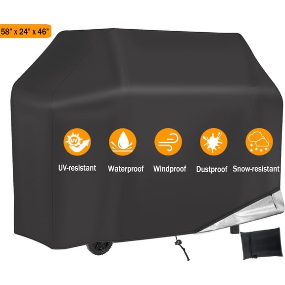 Grill Cover, 58 inch Grill Covers for Backyard Grill, Heavy Duty 4-6 Burner Grill Cover for Outdoor Waterproof Gas Grill Cover, UV and Fade Resistant BBQ Cover for Grills up to 56-in Width, Black