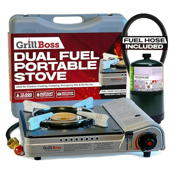 Grill Dual Fuel Camp Stove - 12,000 BTU Butane & Propane Portable Stoves for Camping, Emergencies, BBQ, Hiking & Backpacking - Double Wind Guard, Piezo Ignition System - 90057