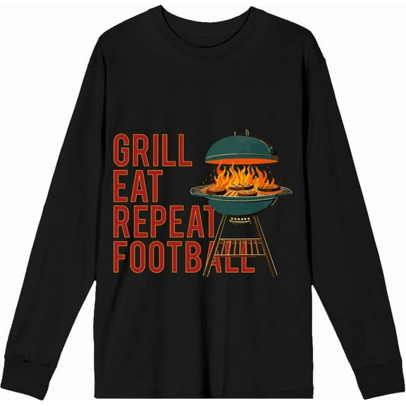 Grill, Eat, Repeat, Football Adult Black Crew Neck Long Sleeve Shirt-Small