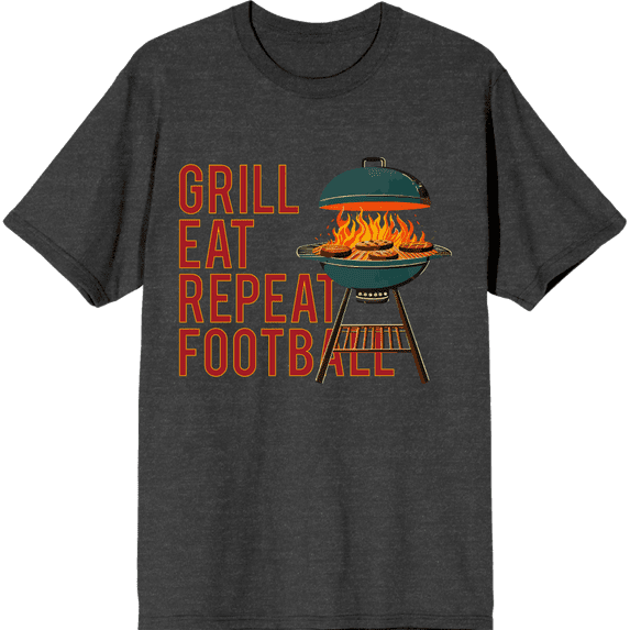 Grill, Eat, Repeat, Football Adult Charcoal Crew Neck Short Sleeve Tee-XL