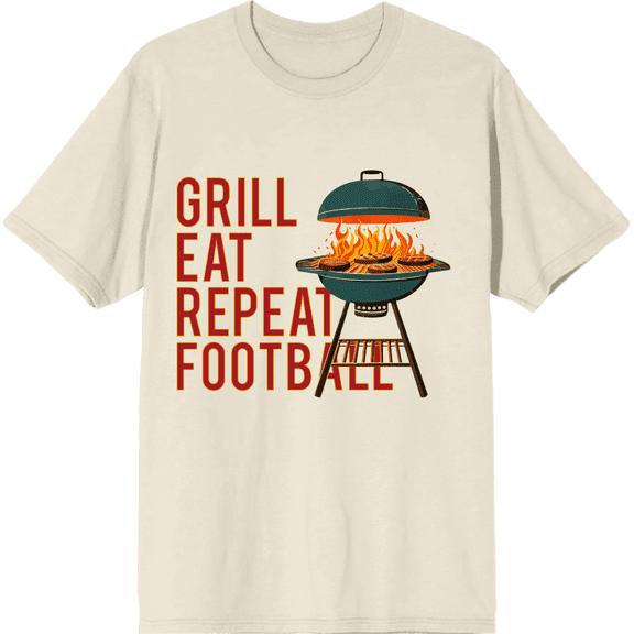 Grill, Eat, Repeat, Football Adult Natural Crew Neck Short Sleeve Tee-Large