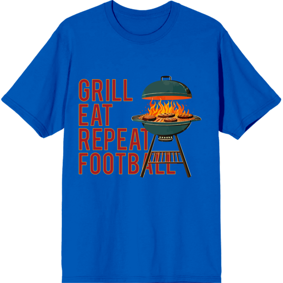 Grill, Eat, Repeat, Football Adult Royal Blue Crew Neck Short Sleeve Tee-3XL