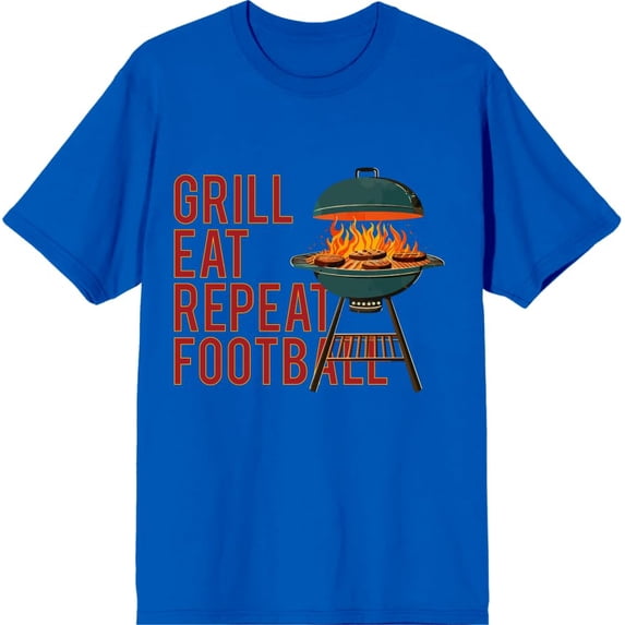 Grill, Eat, Repeat, Football Adult Royal Blue Crew Neck Short Sleeve Tee-Medium