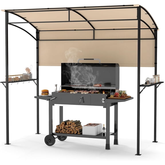 Grill Gazebo Outdoor, 7.8 x 4.4 FT Barbecue Shelter w/Metal Shelves & Hooks, Detachable Sidewall, PU Coated Canopy, Sun-Proof Picnic Tent BBQ Canopy for Backyard, Deck, Garden (Beige)