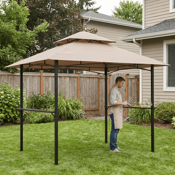 Grill Gazebo Replacement Canopy Grill Gazebo Top 8x5 FT Double Tiered BBQ Tent Roof Cover Replacement Only Fire Retardant UV Protection Sun Shading Shelter Outdoor Patio Backyard Beige