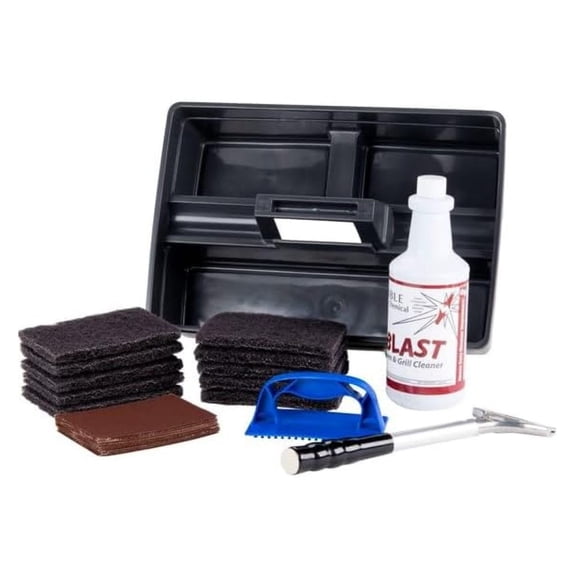 Grill & Griddle Cleaning Kit with Screen/Pad Holder, Polish Pads, Cleaning Screens, Caddy, Scraper and Heat-Resistant Holder for Safe (Full Kit: Cleaner,Scraper,Pads,Screens and Caddy)