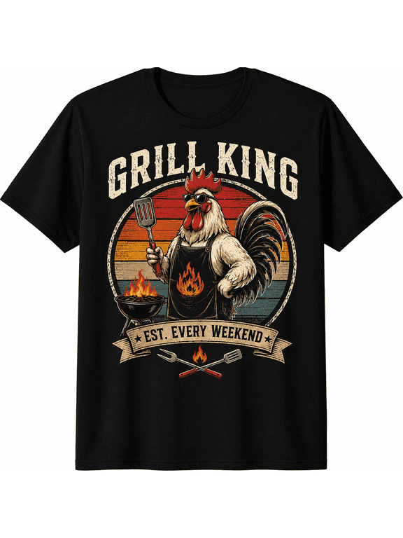 Grill King BBQ Rooster T-Shirt Funny Backyard Barbecue Graphic Tee for Men