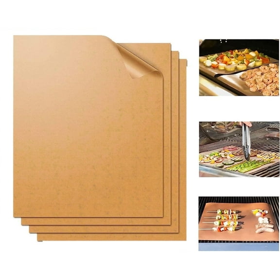 Grill Mat Set of 4-100% Non-Stick BBQ Grill Mats&Baking Mats, Heavy Duty, Resuable and Easy to Clean, Works on Gas Charcoal and Electric BBQ (4Pcs) (Copper)
